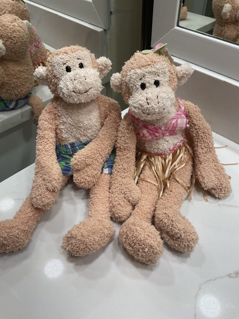 Pottery Barn Gund Hula Girl and Boy Monkey Hawaiian Set of Two Animals 15"